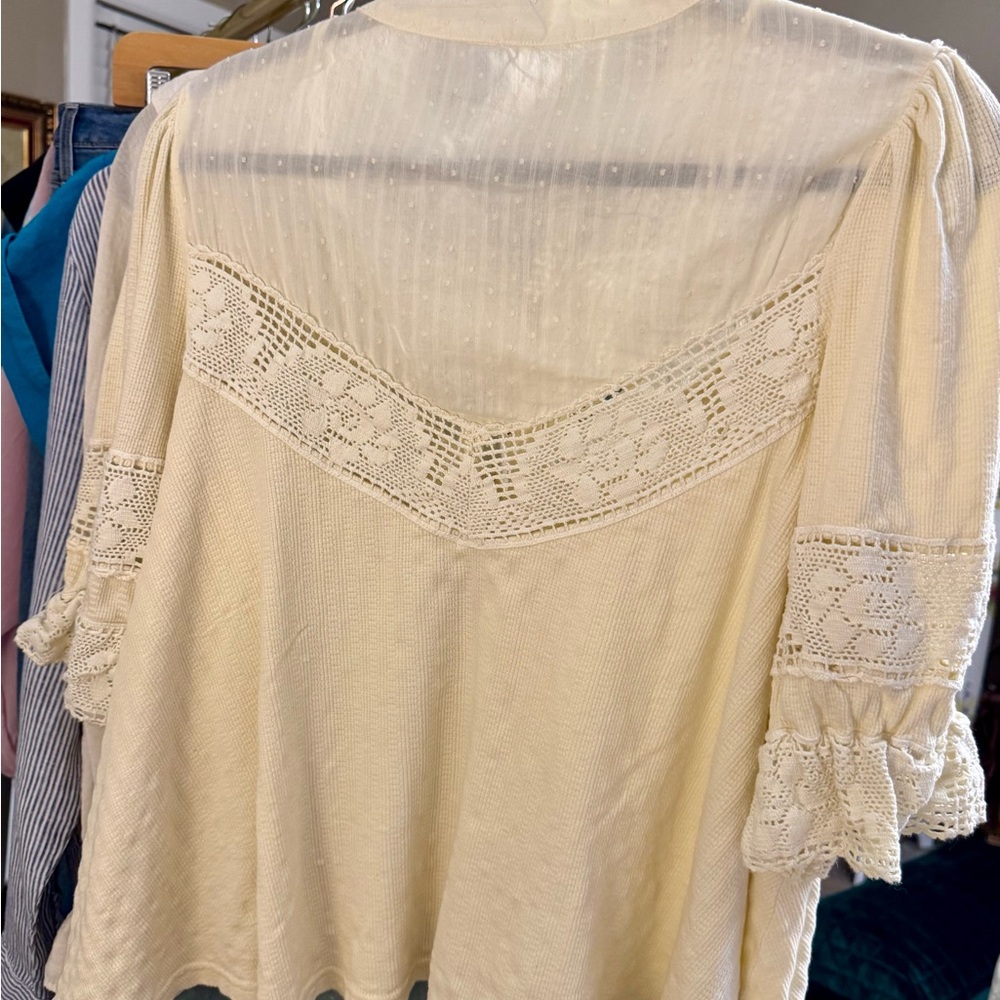 Free People Lace Ruffle Prairie Blouse Cream Romantic Cottagecore Top Size S - Picture 9 of 9
